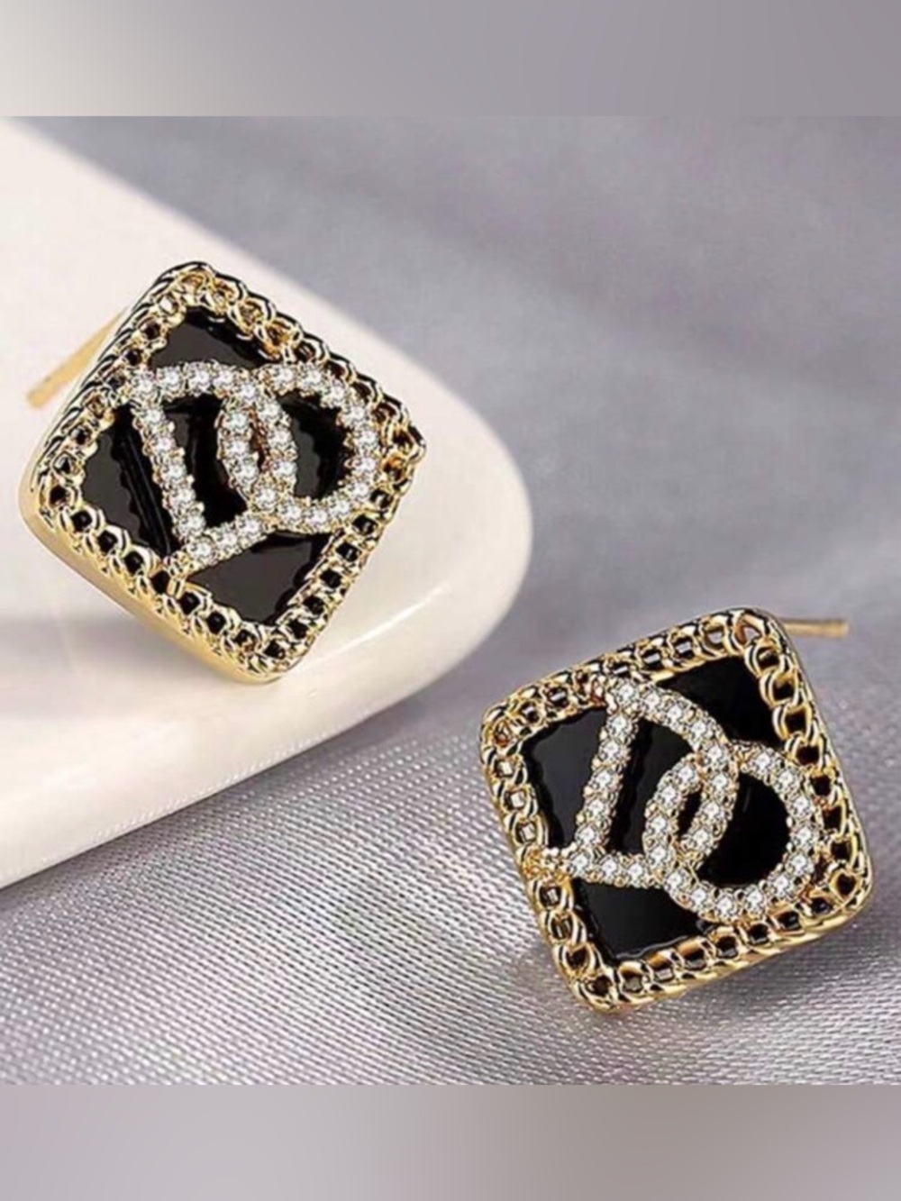 Gold and Black Crystal Chain Square Stud Earrings